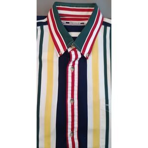 Retro Mens Short Sleeve Shirt Button Down Collared Bold Stripe L 90s Y2k Dadcore